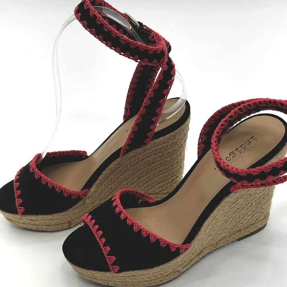 Indigo Rd Womens Black Pink Embroidered Espadrille Wedge Sandals Size 6